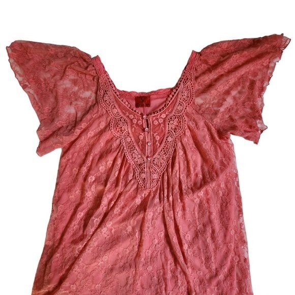 V Cristina flutter sleeve floral print lace overlay top sz M - Picture 3 of 12